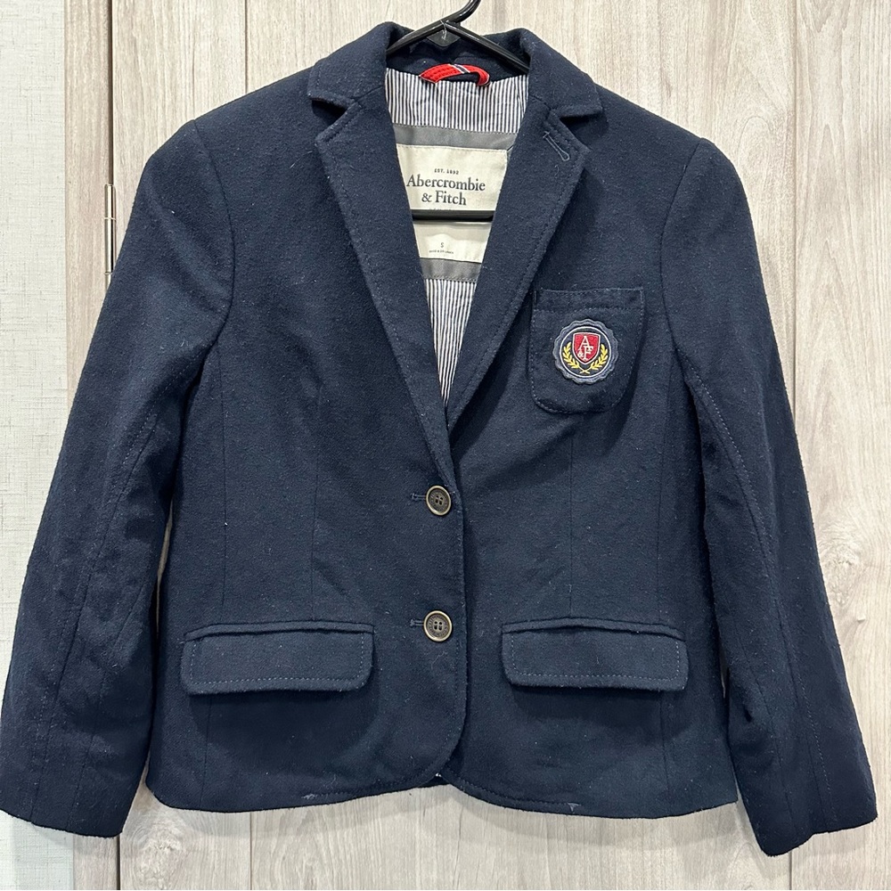 Y2K Abercrombie & Fitch logo Crest Patch Navy Wool Blend Blazer Women S 2 Button